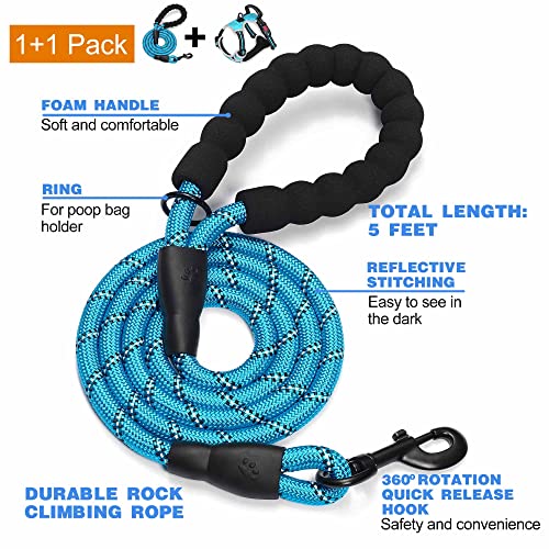 tobeDRI No Pull Dog Harness Adjustable Reflective Oxford Easy Control Medium Large Dog Harness with A Free Heavy Duty 5ft Dog Leash - color: Blue/Grey Harness+Leash, size: Medium