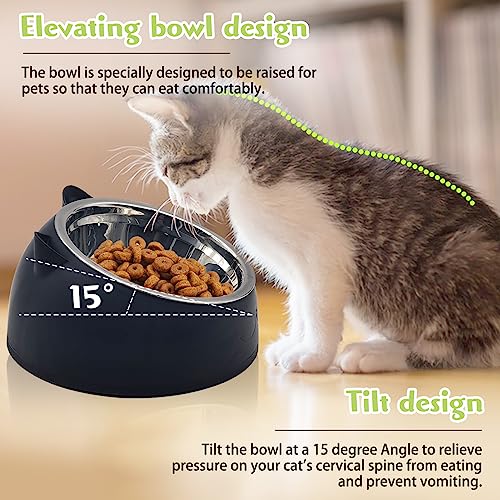 Hamiledyi Raised Cat Bowls 4 PCS - 15° Tilted Elevated Stainless Steel Food & Water Bowls for Anti-Vomiting, Spill Proof - Detachable Pet Dish Set for Cats/Kittens Feeding (Black+White, 200+400 ML)