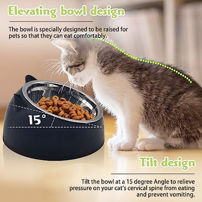 Hamiledyi Raised Cat Bowls 4 PCS - 15° Tilted Elevated Stainless Steel Food & Water Bowls for Anti-Vomiting, Spill Proof - Detachable Pet Dish Set for Cats/Kittens Feeding (Black+White, 200+400 ML)