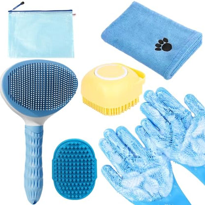 Bath Grooming Kit with Hair Brush, Towel & Scrubber Gloves - 6-in-1 Slicker Brush for Shedding Dogs & Cats, Blue - color: 6-Bath-Blue