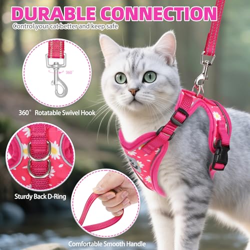 PUPTECK Cat Harness and Leash Set Escape Proof Reflective Cat Walking Harness Adjustable Soft Breathable Mesh Vest for Small Pets, Fuchsia Dasiy, S - color: Fuchsia Daisy, size: S (NECK 9.5"-11", CHEST 13"-16")
