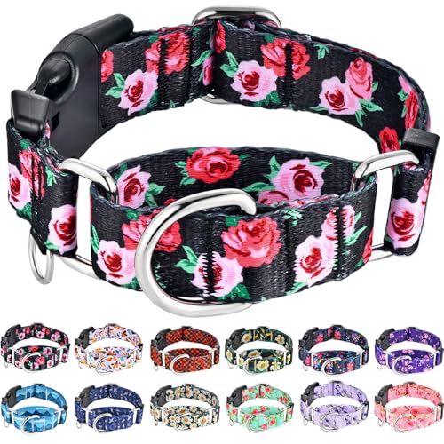 Martingale Collar for Dogs Pink Floral Dog Collars for Small Dogs with Buckle Girl Female Soft Nylon Dog Collar (Black Pink Rose, S) - color: Black Pink Rose, size: Small