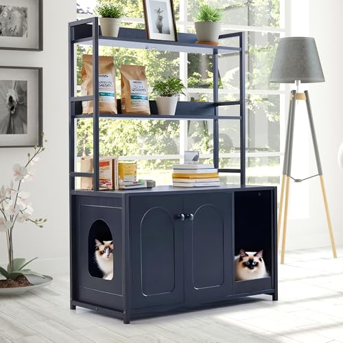 Garvee Cat Litter Box Enclosure with Shelves, 52'' Large Hidden Cats Furniture for Most Litter Box, Wood Enclosed Dog Proof Cat Kitty Cabinet with Scratch Mat Black - color: Black-1