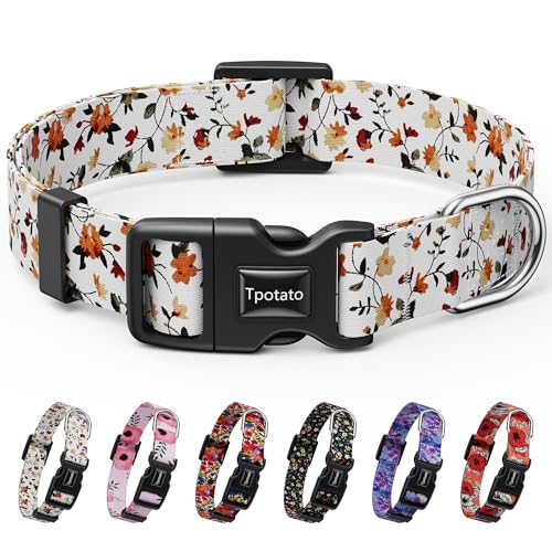 Tpotato Reflective Combination Pattern Girl Dog Collar for Puppy Small Medium Large Breed Dogs,Female Cute Floral Designer Dog Collars,Adjustable Soft Nylon Pet Collar,Quick Release Dog Collar M - color: white floral, size: M（Neck 14"-20",Wideth 0.8")