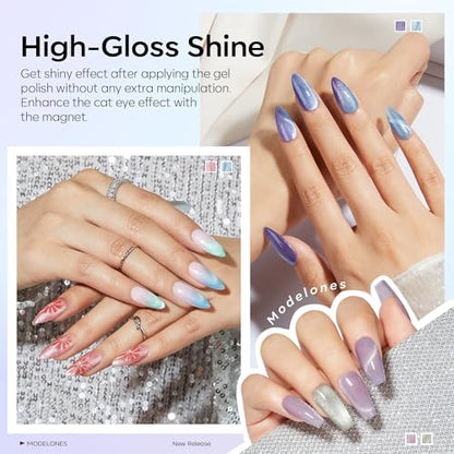 modelones Cat Eye Gel Nail Polish 6 Colors Red Green Silver Purple Blue Glitter Cat Eye Gel Polish Holographic 9D Semi-transparent With Magnet Soak Off Led Nail Art DIY Salon Gifts For Women Girl - color: A-1 Galaxy Cat Eye