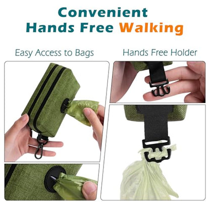 Dog Poop Bag Holder, Portable Pet Waste Bag Dispenser, 2 Pouches for Treats and Walking Accessories, Fit All Leashes, Includes 1 Roll of Dog Poop Bags (Army Green) - color: Army Green