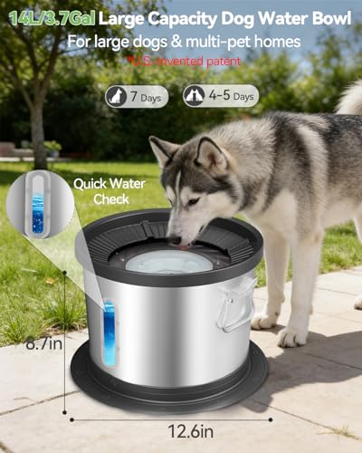 UPSKY 14L No Spill Dog Water Bowl, Stainless Steel Spill Proof Dog Bowl with Water Window, Dual-Suction Anti-Slip Large Capacity Slow Drinking Bowl with Floating Disk for Large Dogs & Messy Drinkers - color: Black