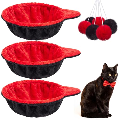 Dansydaisy 3 Pack 14.6" Large Cat Tree Hammock Basket Bed Lounger Tower Replacement Parts with 6 Pcs Hanging Elastic Strings Pom Pom Toys, Cat Tree Accessories Hammock Attachment (Red and Black) - color: Red and Black, size: 14.6"