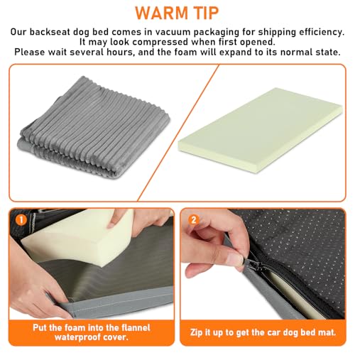 Dog Bed Mat for Car Backseat, Non-Slip Waterproof Car Seat Mat for Dogs & Pets with 2-Inch Thick Foam & Easy Clean Dog Pad Cover Suitable for Travel, Camp, Home (23.5x51in, Grey)