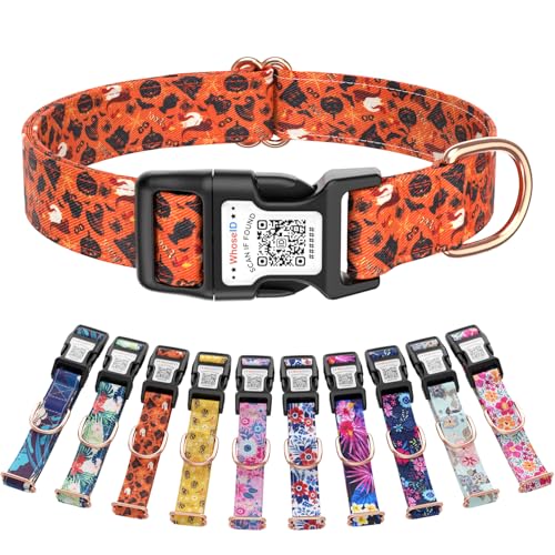 Halloween Dog Collar, Adjustable, Pumpkin Ghost Bat Orange-Black Pattern, Soft Cotton Webbing, Quick-Release Buckle with Rose Gold D-Ring, Smart QR ID Tag for Pet Safety - color: Halloween Night Pumpkin Orange, size: S