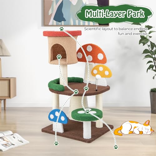 Tangkula Mushroom Cat Tree, Cute Cat Tower with Full-Wrapped Sisal Post, Scratching Board & Spring Ball, Cat Condo, Flower Cat Tree Tower for Indoor Cats Large Adult (40.5 Inch) - size: 40.5 Inch