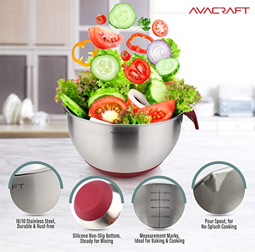AVACRAFT 18/10 Stainless Steel Mixing Bowls with Lids, non slip silicone base bowls with Handle, Mixing Bowl Set with Pour Spouts & Measurement Marks, Home Essentials Cooking Bowls, (Red) - color: Red