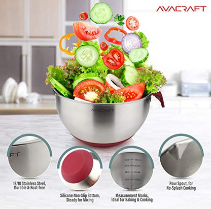AVACRAFT 18/10 Stainless Steel Mixing Bowls with Lids, non slip silicone base bowls with Handle, Mixing Bowl Set with Pour Spouts & Measurement Marks, Home Essentials Cooking Bowls, (Red) - color: Red