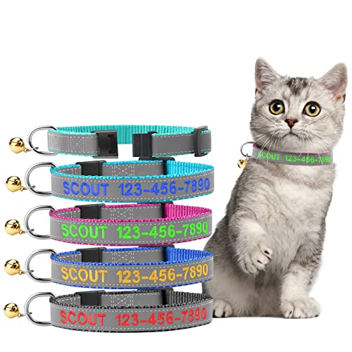 Cat Collar Personalized - Breakaway Reflective Cat Collar with Bell-Custom Cat Collars Embroidered with Name and Phone, Adjustable for Cats and Kitten