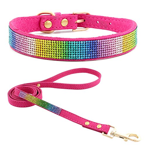 Rhinestone Bling Leather Dog Collar and Leash Set, Cute Dazzling Sparkling Soft Velvet Dog Cat Collar Crystal Diamond Puppy Collar (XS, Hot Pink2) - color: Hot Pink2, size: XS