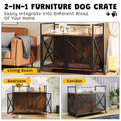 GarveeLife 41 in Dog Crate Furniture, Heavy Duty Decorative Dog Cage with Lockable 360° Wheels, Double Door Dog Kennel End Table for for Small Medium Large Dog, Rustic Brown