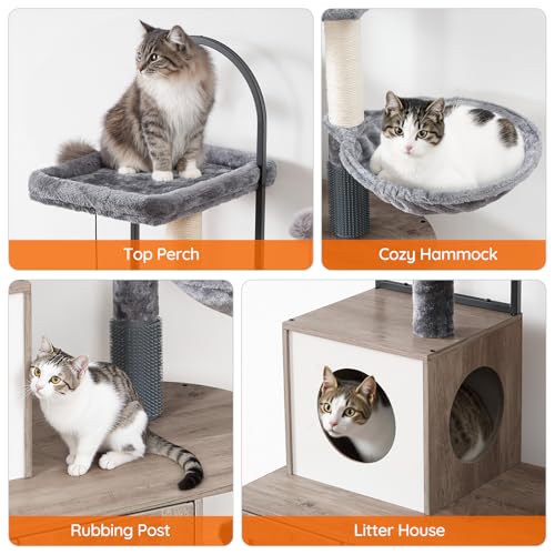 HOOBRO Cat Tree with Litter Box Enclosure, Arched All-in-One 31.5" Cat Tower with Hidden Litter Box Furniture for Indoor Cats, Versatile Cat Condo with Sisal Posts, Hammock, Greige and Gray BG45MZ03 - color: Greige and Gray