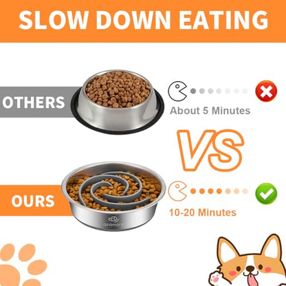 2-in-1 Metal Dog Bowl with Slow Feeder Insert, Stainless Steel Dog Bowls Food Grade 304, Water Food Bowl with Anti-Slip Silicone Base for Small, Medium, Large Breed Dogs - color: Grey, size: 1 Cup