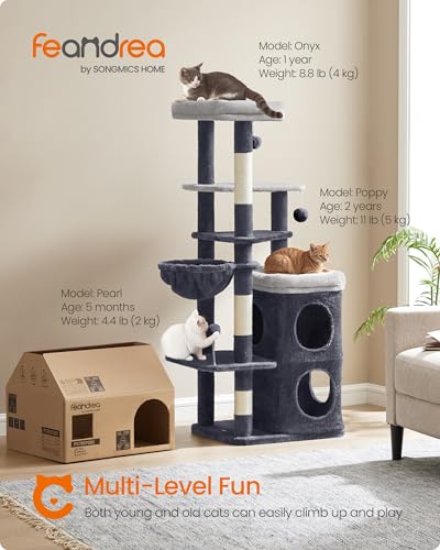 Feandrea Cat Tree, 60-Inch Cat Tower, Multiple-Level Plush Condo with 2 Caves, 3 Scratching Posts, 3 Perches, Dark Gray UPCT007G02 - color: Dark Gray