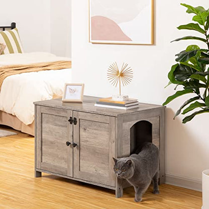 HOOBRO Litter Box Enclosure, Cat Litter Box Furniture with Removable Divider, Large Hidden Litter Box Furniture, Wooden Cat House, End Side Table, 31" L x 17.5" W x 19.7" H, Greige BG03MW01G2 - color: Greige