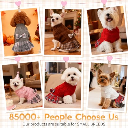 Dog Sweater Dresses for Small Dogs Girl with Bow & Plaid Skirt Soft Tureleneck Dog Sweater with Leash Hole Pet Clothes in Winter Thick Warm Pullover Pet Coats (White S) - color: White, size: Small (5-9lbs)