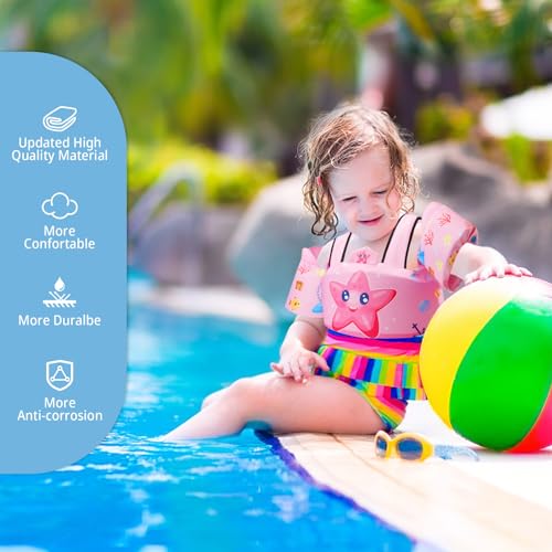 Toddler Swim Vest Floaties for 22-66 lbs / 2-6 Y Kids Swim Jacket with Adjustable Safety Buckle Arm Wings Swim Training for Boys and Girls Beach Boating Pool Floats - color: Pink Starfish