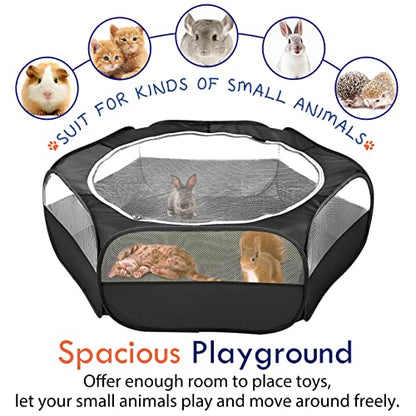 Pawaboo Small Animals Playpen, Waterproof Small Pet Cage Tent with Zippered Cover, Portable Outdoor Yard Fence with 3 Metal Rod for Kitten/Puppy/Guinea Pig/Rabbits/Hamster/Chinchillas, Black - color: H-Black