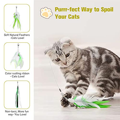 BEBOBLY 3-in-1 Retractable Cat Wand Toy for Indoor Cats Interactive Cat Feather Toys - color: Green