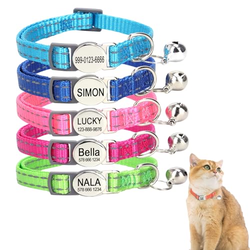 Engraved Personalized Cat Collar,Breakaway Safety Release Buckle,Reflective Kitten Collars with ID Name Tag,Adjustable Nylon Collar with Bell for Small Dogs Puppy Kitten Cat,Red(7.5''-12.0'') - color: Red