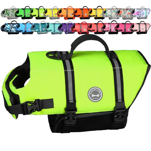 VIVAGLORY Rip Stop Dog Life Vest, Swimming Vest with Handle, Buoyancy for Doggy Puppy, Dog Life Jacket for Swimming & Boating, XS, Bright Yellow - color: Bright Yellow, size: XS: 14-17 inch (Ribcage Girth)
