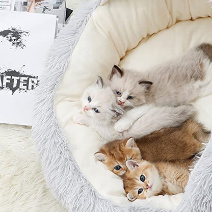 15.8'' Soft Round Plush Faux Fur Pet Bed for Cats or Small Dogs, Anti-Anxiety Cat Bed Puppy Bed, Washable Fluffy Anti-Slip Mute Base, Soft Pet Round Bed, Snooze Sleeping Cozy Kitty Kennel - color: grey