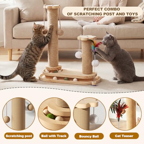 Cat Scratching Post, Sisal Cat Scratcher Post - 4-in-1 Cat Solid Wood Activity Center | Indoor Interactive Cat Toy with Trackball (Rolling), Feather Teaser, Hanging Balls & Natural Catnip Ball