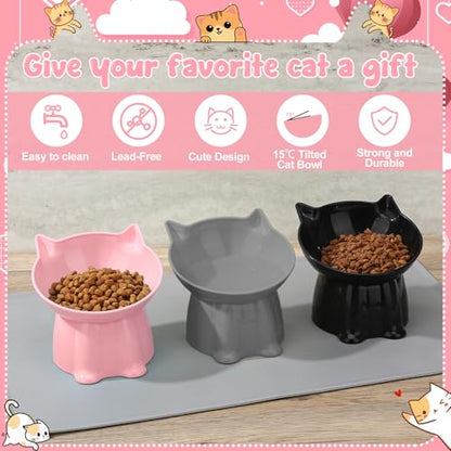3 Pcs Elevated Cat Bowls 15°Raised Cat Food Bowl with Silicone Mat Whisker Friendly Anti Vomiting Cats Dishes Pet Food and Water Bowls for Indoor Cats Kittens Classic Pink, Grey, Black Pink, Grey, Bla - color: Pink, Grey, Black