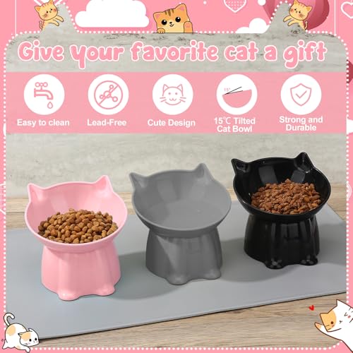 3 Pcs Elevated Cat Bowls 15°Raised Cat Food Bowl with Silicone Mat Whisker Friendly Anti Vomiting Cats Dishes Pet Food and Water Bowls for Indoor Cats Kittens Classic Pink, Grey, Black Pink, Grey, Bla - color: Pink, Grey, Black