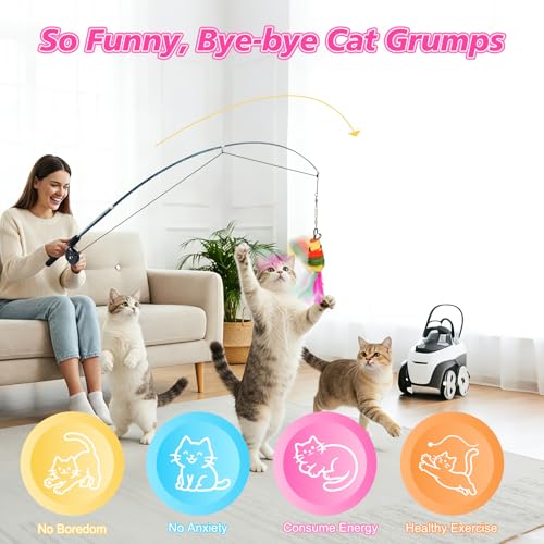 Pawaboo Cat Teaser Wand Toys, Cat Fishing Pole Toy with 3 Pack Feather Refills, 3-section Retractable Kitten Feather Toys with Pulley, Indoor Cats Teaser Catcher Exerciser with Bell,Rainbow + Rose Red - color: Plush-Rainbow