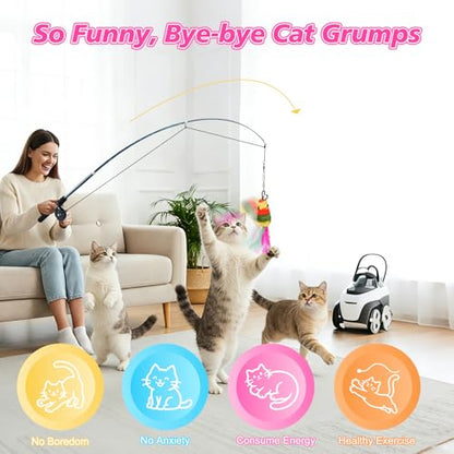 Pawaboo Cat Teaser Wand Toys, Cat Fishing Pole Toy with 3 Pack Feather Refills, 3-section Retractable Kitten Feather Toys with Pulley, Indoor Cats Teaser Catcher Exerciser with Bell,Rainbow + Rose Red - color: Plush-Rainbow