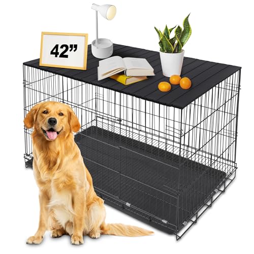 Dog Crate Topper Metal with Magnets for 42 Inch Crate - Aluminum Foldable Dog Kennel Topper Decorative Storage Pet Crate Table Black (Only Topper) - color: Black, size: 43.0"L x 28.0"W x 0.5"H
