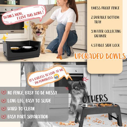 Elevated Dog Bowl Stand Set,Quiet Eating Mess Proof Raised Dog Bowls 2 Stainless Steel Food Bowls,Splash Water Collection Non-Slip Small Cat Feeding Table - color: Black, size: Small