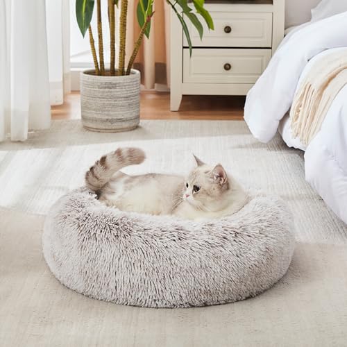 WESTERN HOME WH Calming Dog & Cat Bed, Anti-Anxiety Donut Cuddler Warming Cozy Soft Round Bed, Fluffy Faux Fur Plush Cushion Bed for Small Medium Dogs and Cats (20"/24"/27"/30") - color: White Khaki, size: 20.0"L x 20.0"W x 6.0"Th