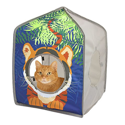 Kitty City Safari Jungle Tiger Pop-Up Cat House, Collapsible Indoor Cat Hideout with Peekaboo Openings, Lightweight Foldable Cat Playhouse - color: C) Safari Jungle Tent House