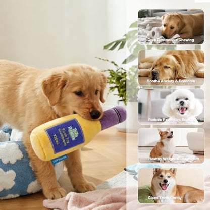 Champagne Bottle Squeaky Crinkle Dog Toy - Interactive Plush Chew Toys for Puppy Teething, Small Dogs, Aggressive Chewers and Keeping Busy - color: Yellow - Champagne Bottle