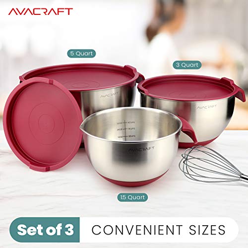 AVACRAFT 18/10 Stainless Steel Mixing Bowls with Lids, non slip silicone base bowls with Handle, Mixing Bowl Set with Pour Spouts & Measurement Marks, Home Essentials Cooking Bowls, (Red) - color: Red