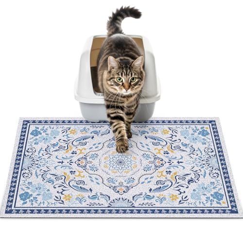 Cat Litter Mat Trapping Rug 24"x15",Litter Box Mat for Floor, Non-Slip Waterproof Backing, Soft Mesh Easy to Clean Pet Mat for Cat, Blue Yellow - color: Blue& Yellow, size: 24"X15"