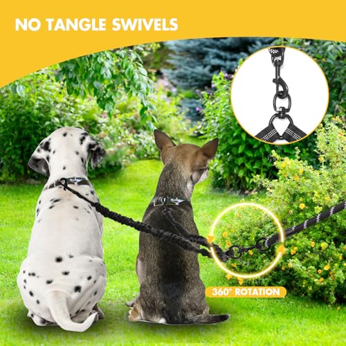 BAOBOTE Pet Double Dog Leash, Shock Absorbing Reflective Bungee Lead Walk 2 Dogs with Ease, 360° Swivel No Tangle Double Dog Walking & Training Leash, Dual Dog Leashs for 6-120lbs Dogs (Black) - color: Black