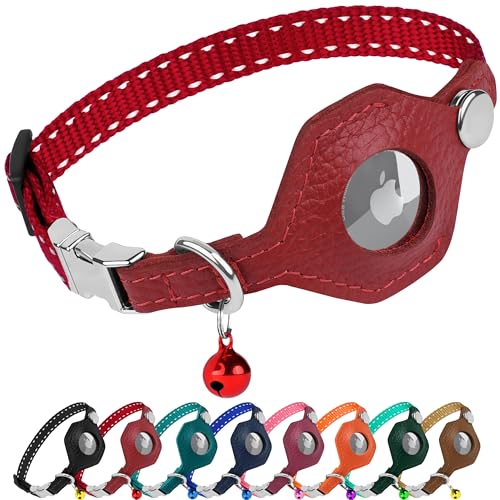 Reflective AirTag Cat Collar with Metal Buckle - Leather Soft Non Breakaway Cat Collars with Apple Air Tag Holder and Bell - Tracking GPS Secure Pet Collars for Cats Kitten Puppy (Red) - color: Red