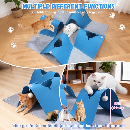 35.4" Large Interactive Felt Cat Activity Play Mat – Ripple Style Hide & Seek Tunnel with Hanging Ball, Foldable Snuffle Mat for Indoor Cats, Kittens, Rabbits, Small Pets, Blue - color: Grey-Blue