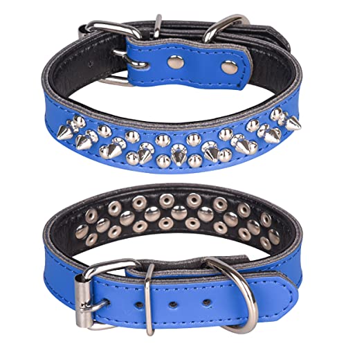 Spiked Studded Dog Collar, Soft Genuine Leather Dog Collar, Adjustable Dog Collars for Small Medium Large Dogs Breeds Pit Bull (S fit Neck 10.5-13", Dark Blue2) - color: Dark Blue2, size: S fit Neck 10.5-13"