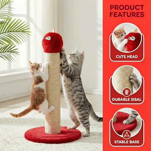Cat Scratching Post 22'', Scratching Post with Extra Wide 12" Heavy Duty Base for Indoor Kitty, Scratching Post with Natural Sisal & Velvet Fabric for Small, Medium Cat, Red - color: Red