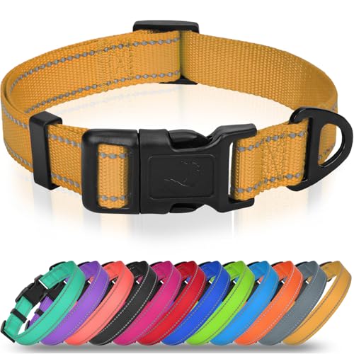 Joytale Small Dog Collar, Durable Double-Sided Reflective Nylon Collar for Night Safety, Adjustable Quick-Release for Active Breeds, Khaki, S (3/4" Width) - color: Khaki, size: S+: Width 3/4", Neck 10-16"