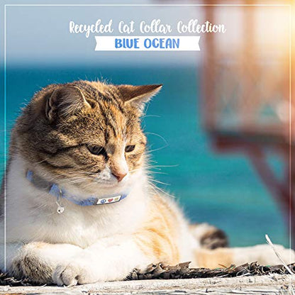 Pawtitas Recycled Blue Reflective Cat Collar – Eco-Friendly Breakaway Safety Buckle, Adjustable Kitten & Adult Collar with Removable Bell and High-Visibility Strap - color: Recycled Blue